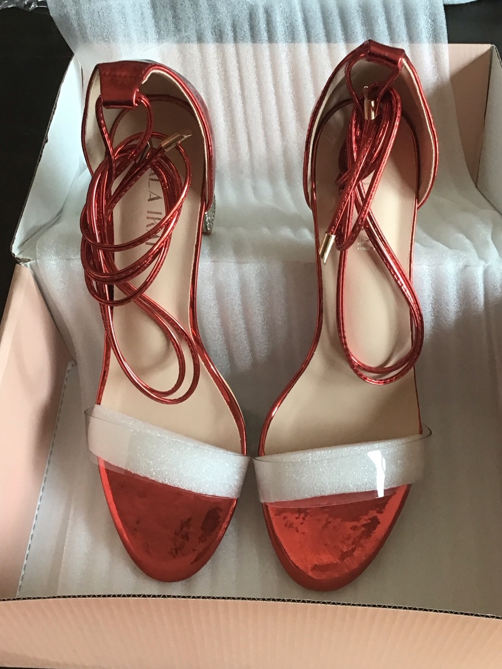 Metallic Red Lace-Up Women’s Heeled Sandals